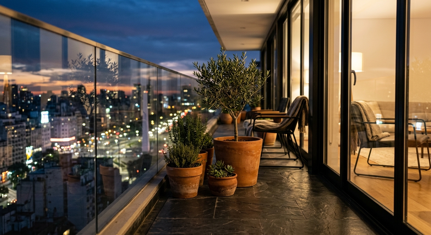 Modern balcony overlooking the Buenos Aires skyline at dusk